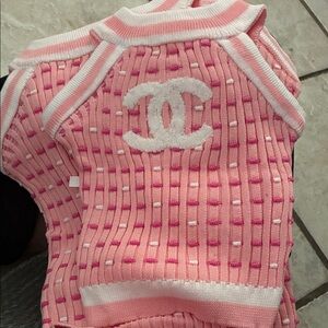 CHANEL Pink and White Knit Pet Sweater